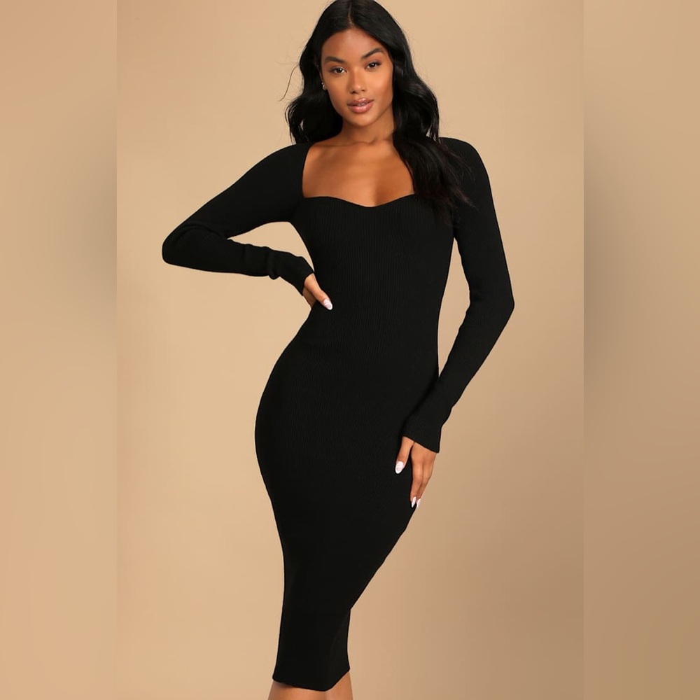 Lulus Fall Feelings Black Ribbed Bodycon knit Midi Sweater Dress Long Sleeve L - Picture 4 of 11